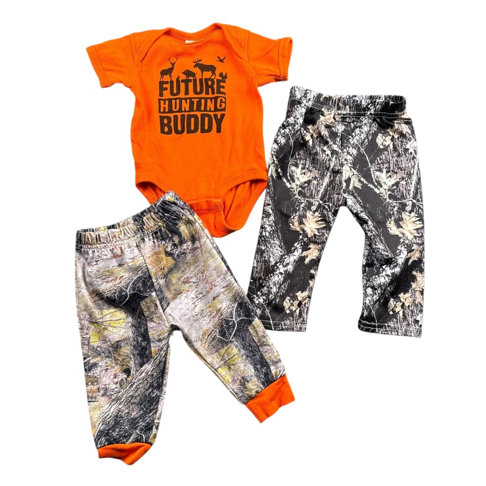 Baby Boy Girl Orange Future Hunting Buddy Bodysuit & Camo Pants Set 0 3M 6M 323‎
